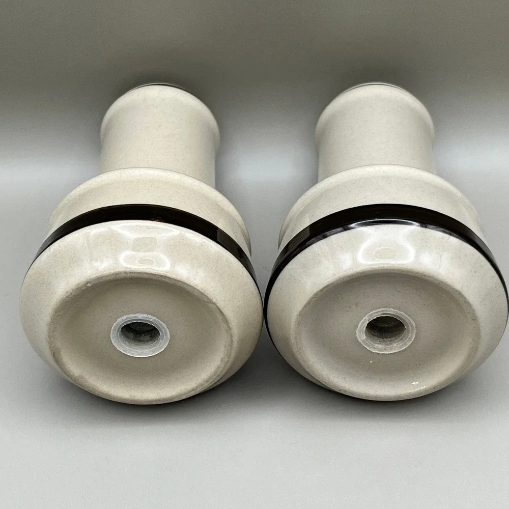 Vtg Mid Century Modern Stoneware‎ Salt & Pepper Shakers Beige Brown Banded 4